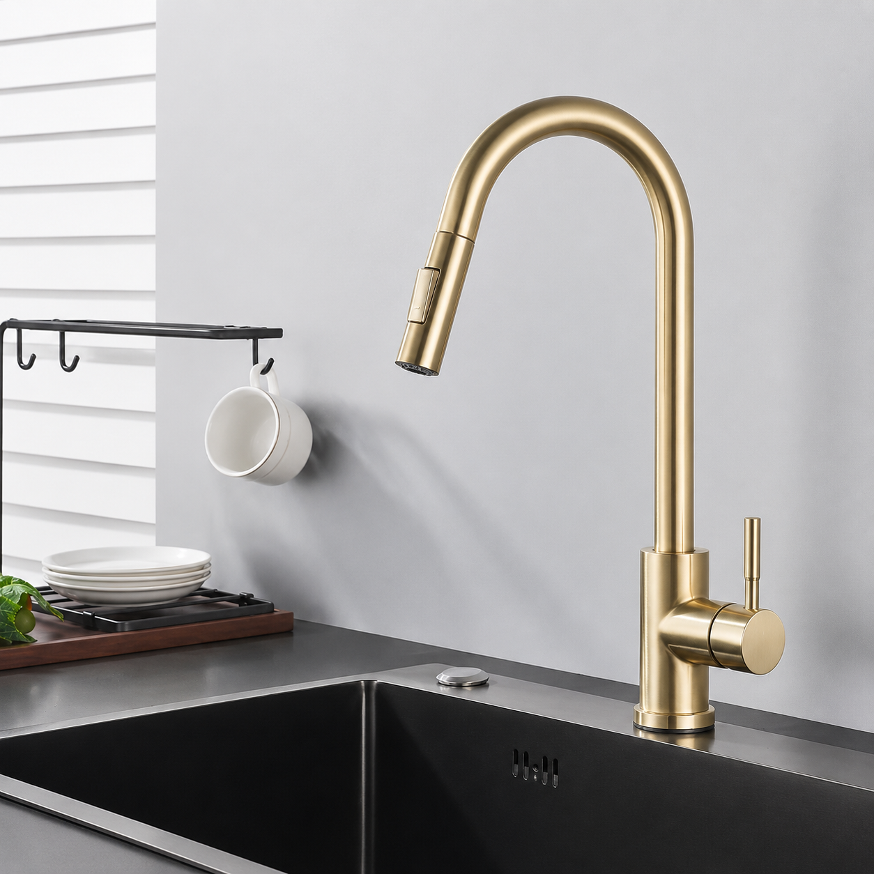 Artifice Home Minimalist Modern High Arc Pull Down Kitchen Faucet, Single Handle Kitchen Sink Faucet with Dual Function Sprayer, Solid Core