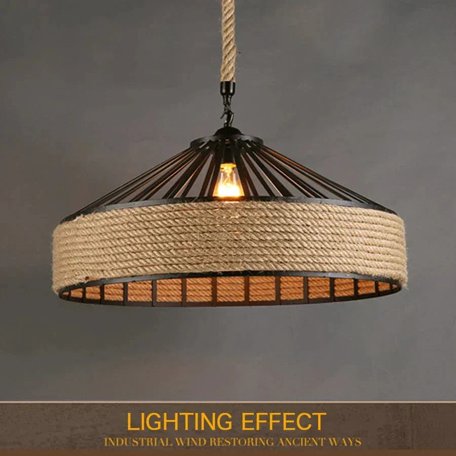 Bright Retro Industrial Hemp Rope Pendant Chandelier