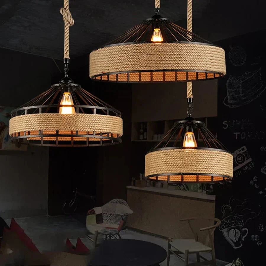 Bright Retro Industrial Hemp Rope Pendant Chandelier