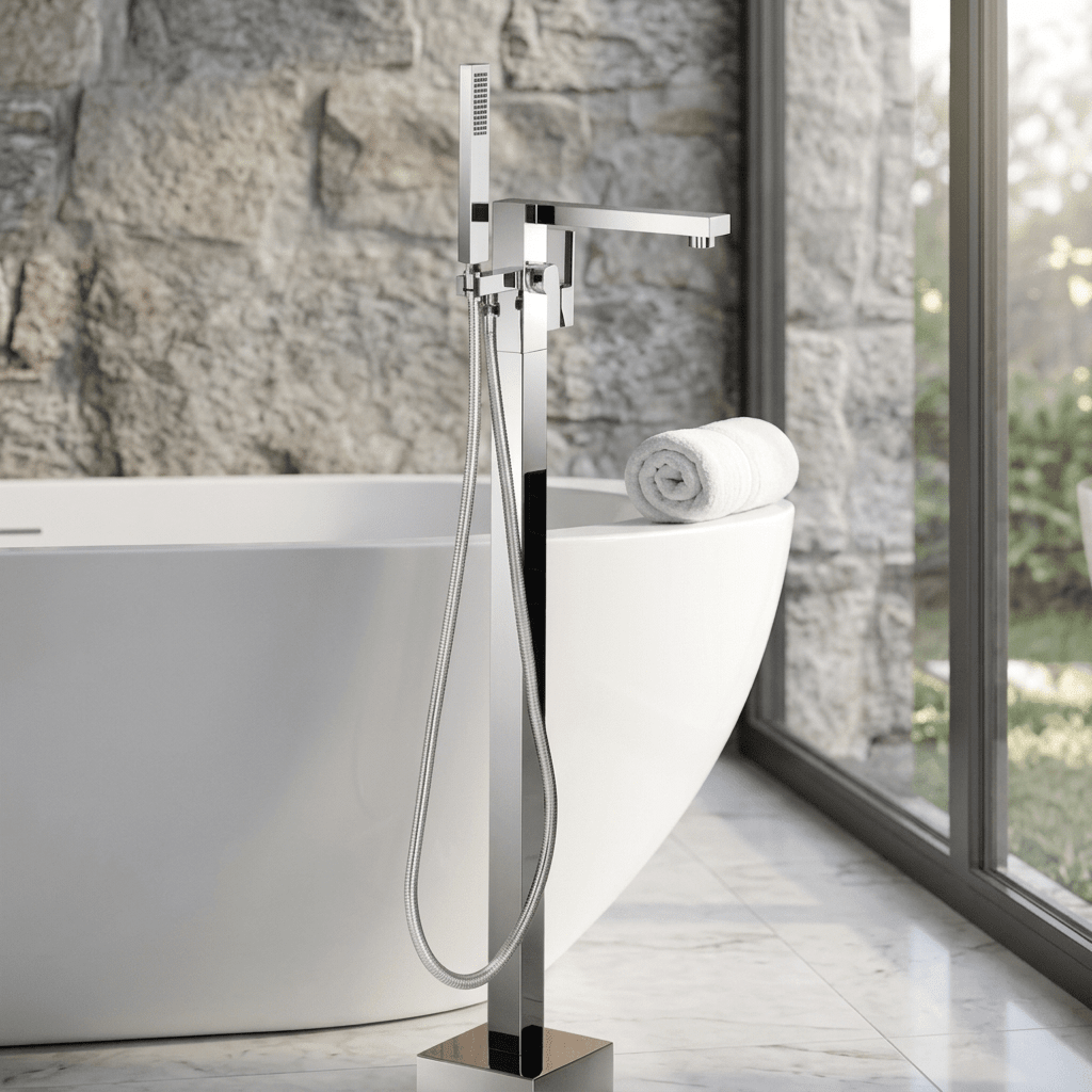 Artifice Home Crockt Freestanding Bathtub Faucet - Chrome Tub Filler Pedestal Mixer