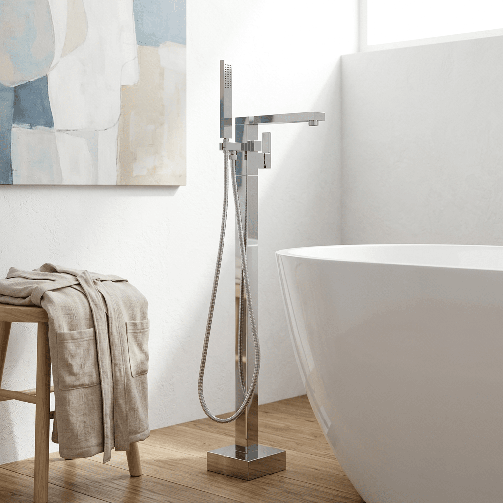 Artifice Home Crockt Freestanding Bathtub Faucet - Chrome Tub Filler Pedestal Mixer