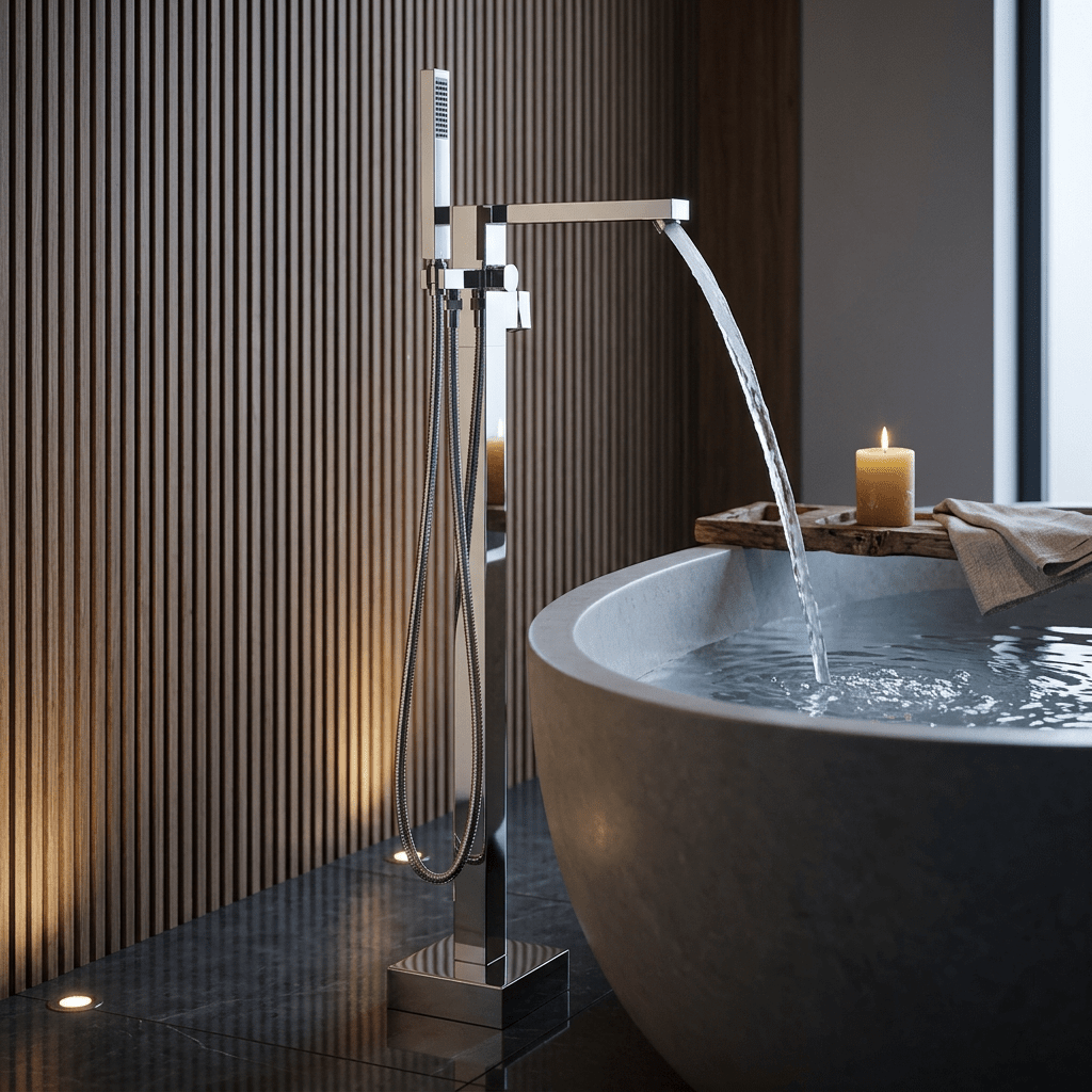 Artifice Home Crockt Freestanding Bathtub Faucet - Chrome Tub Filler Pedestal Mixer