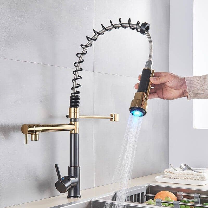Quiz LED Gourmet Spring Kitchen Faucet - 360° Swivel Duo Bronze