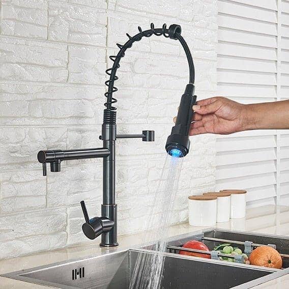 Quiz LED Gourmet Spring Kitchen Faucet - 360° Swivel Duo Bronze