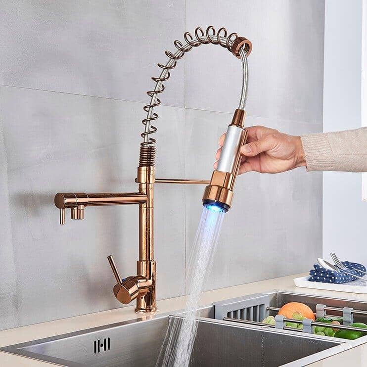 Quiz LED Gourmet Spring Kitchen Faucet - 360° Swivel Duo Bronze